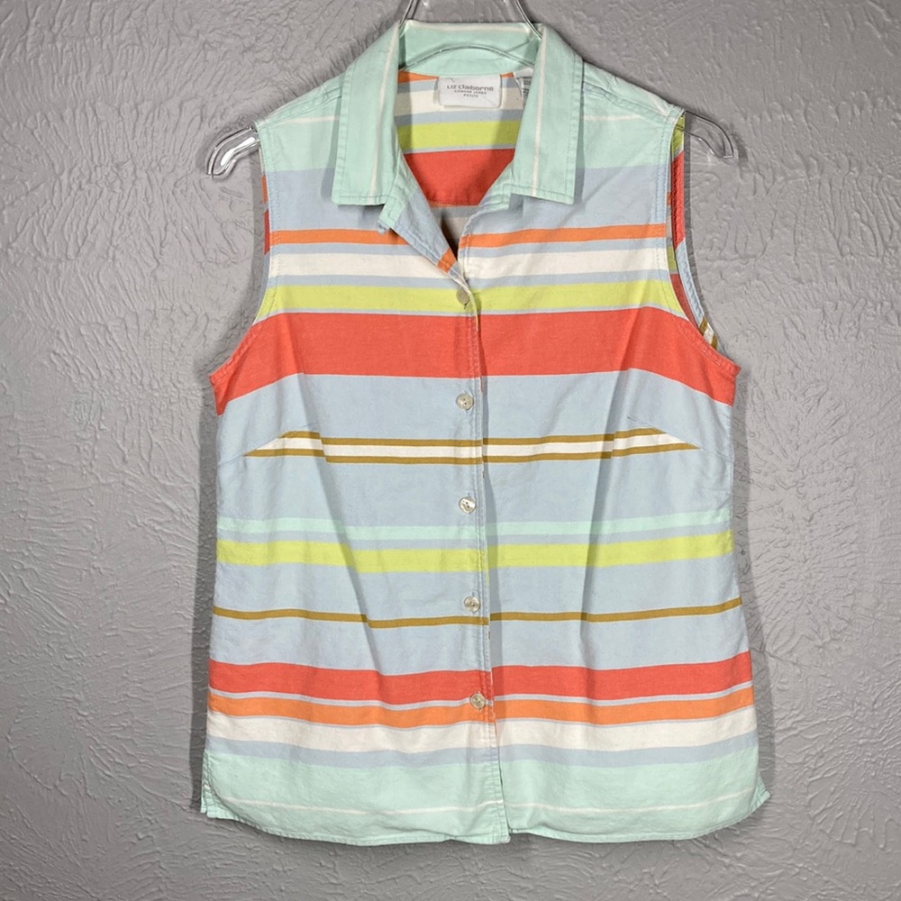 Liz Claiborne Lizwear Jeans Striped Button Up Tank Top Women's Size Peti…